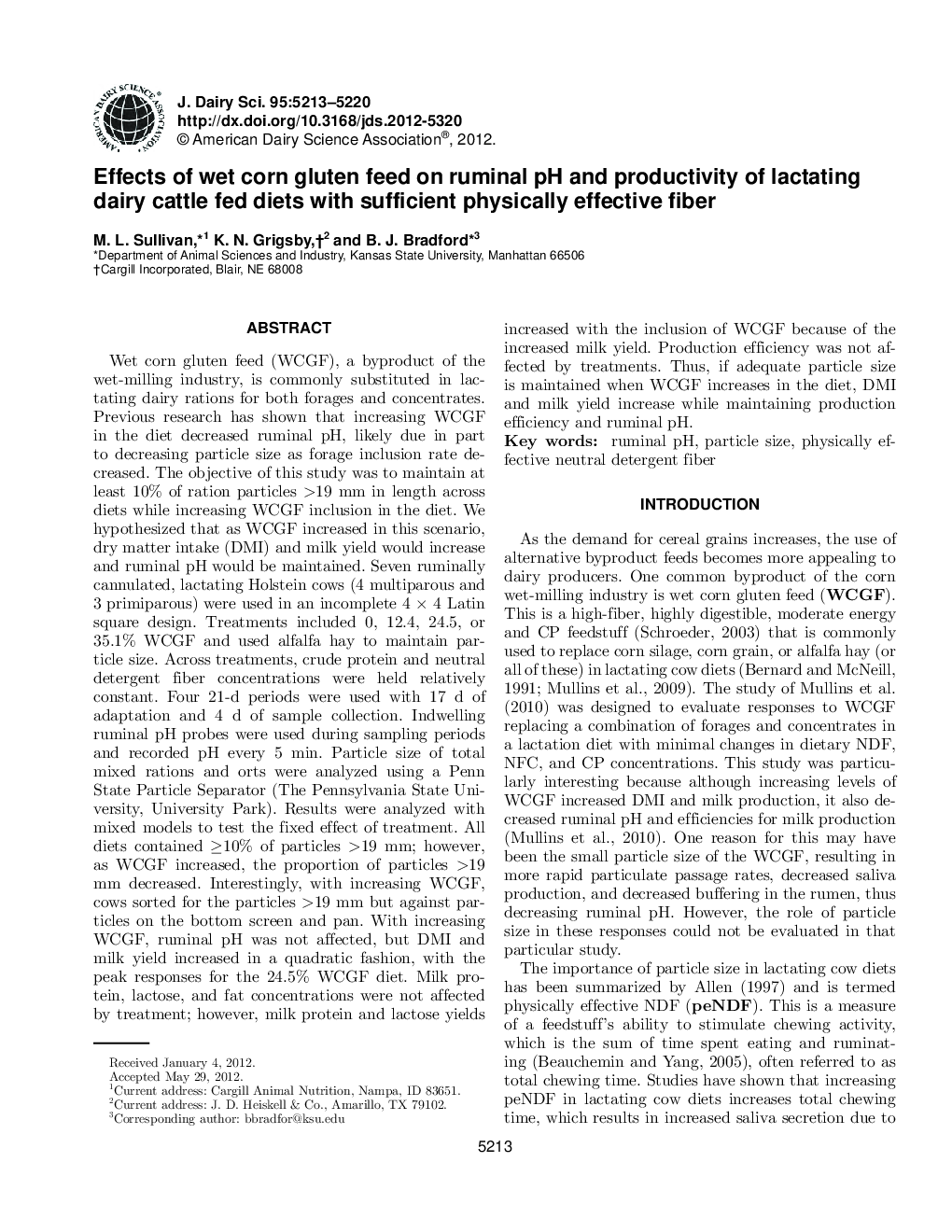 Effects of wet corn gluten feed on ruminal pH and productivity of lactating dairy cattle fed diets with sufficient physically effective fiber