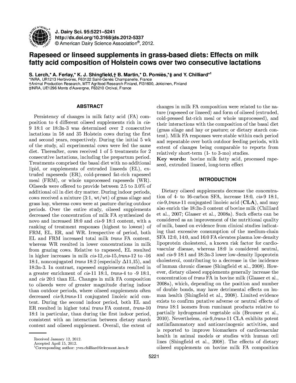 Rapeseed or linseed supplements in grass-based diets: Effects on milk fatty acid composition of Holstein cows over two consecutive lactations