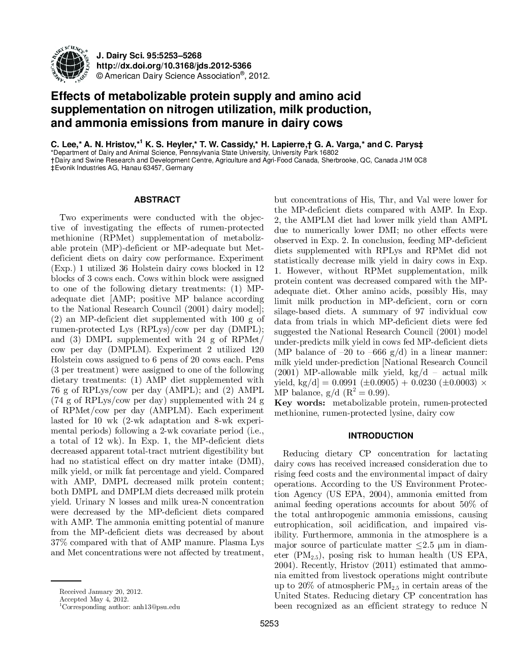 Effects of metabolizable protein supply and amino acid supplementation on nitrogen utilization, milk production, and ammonia emissions from manure in dairy cows