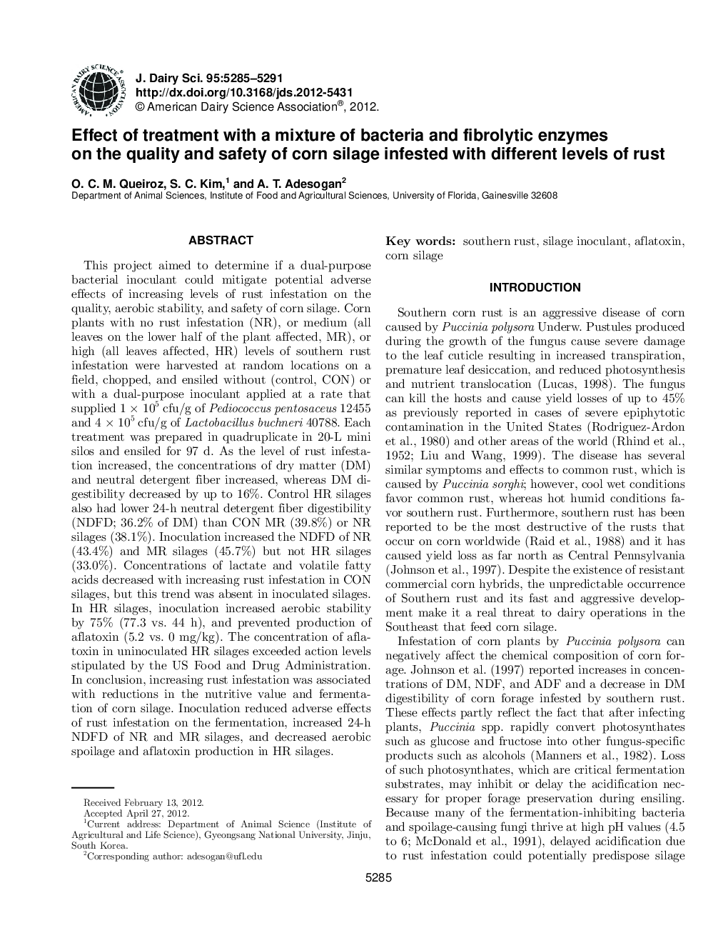 Effect of treatment with a mixture of bacteria and fibrolytic enzymes on the quality and safety of corn silage infested with different levels of rust