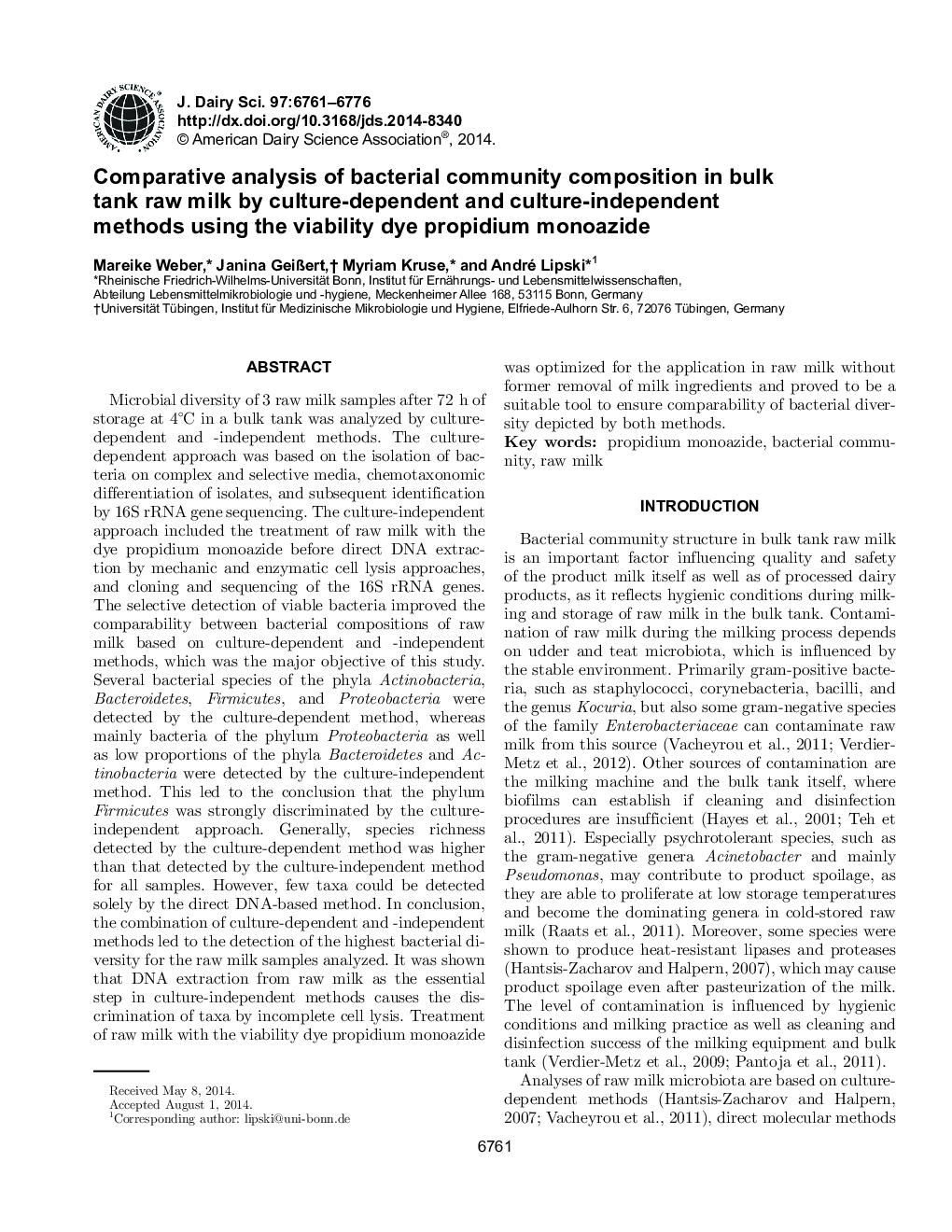 Comparative analysis of bacterial community composition in bulk tank raw milk by culture-dependent and culture-independent methods using the viability dye propidium monoazide