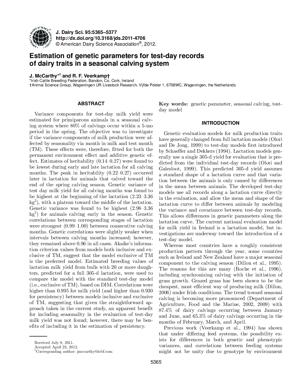 Estimation of genetic parameters for test-day records of dairy traits in a seasonal calving system