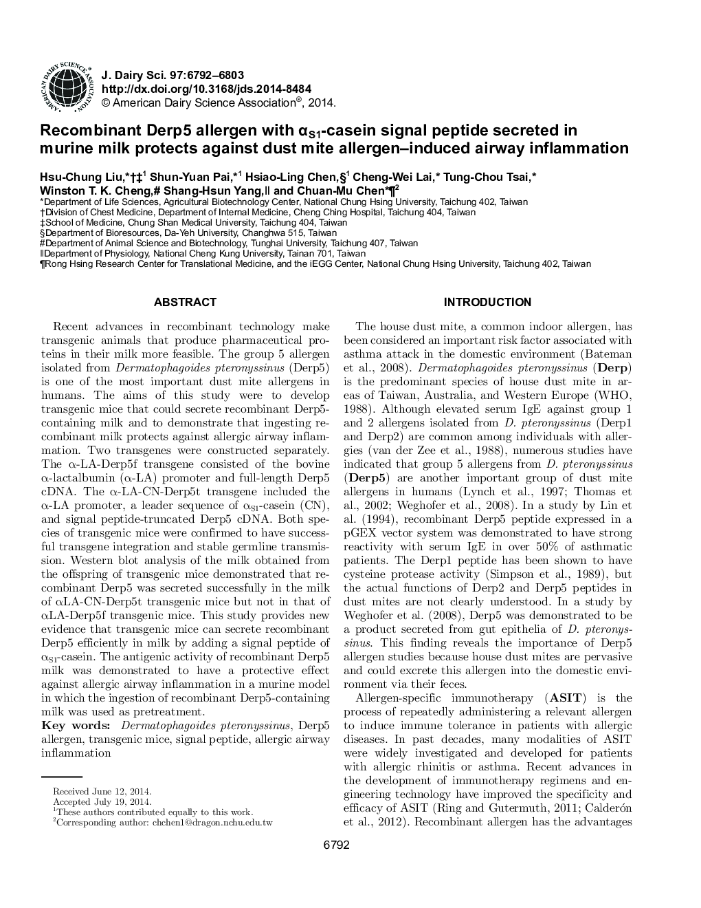 Recombinant Derp5 allergen with Î±S1-casein signal peptide secreted in murine milk protects against dust mite allergen-induced airway inflammation