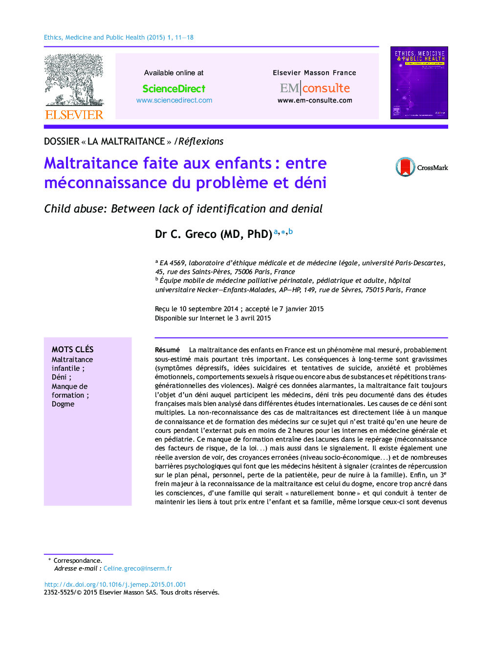 عکس صفحه اول مقاله: Maltraitance faite aux enfants : entre méconnaissance du problème et déni Maltraitance faite aux enfants : entre méconnaissance du problème et déni