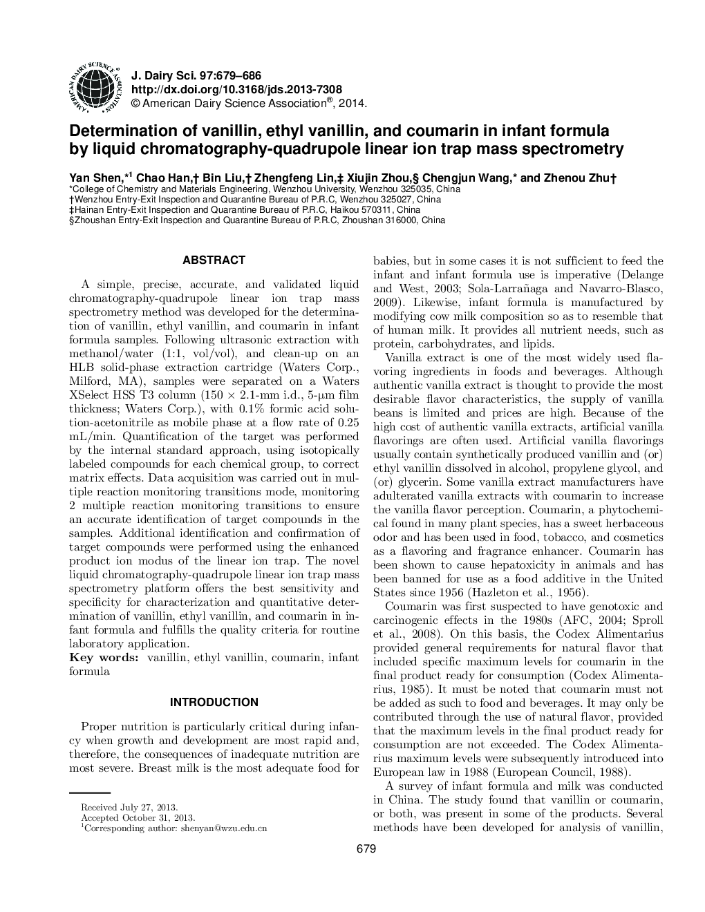 Determination of vanillin, ethyl vanillin, and coumarin in infant formula by liquid chromatography-quadrupole linear ion trap mass spectrometry