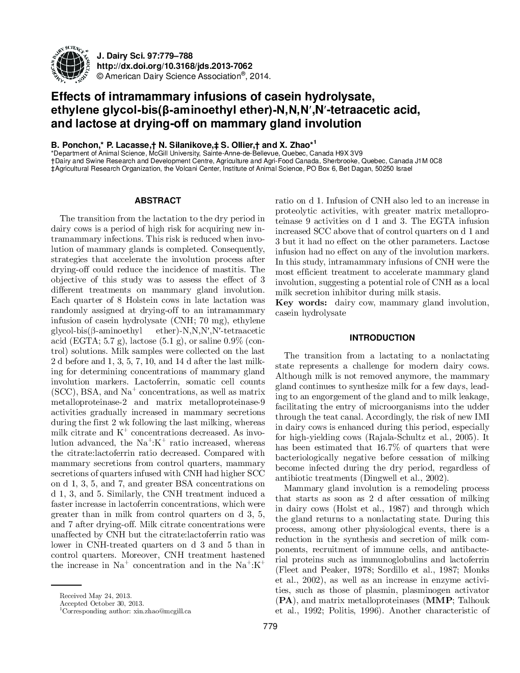 عکس صفحه اول مقاله: Effects of intramammary infusions of casein hydrolysate, ethylene glycol-bis(β-aminoethyl ether)-N,N,Nâ²,Nâ²-tetraacetic acid, and lactose at drying-off on mammary gland involution Effects of intramammary infusions of casein hydrolysate, ethylene glycol-bis(β-aminoethyl ether)-N,N,Nâ²,Nâ²-tetraacetic acid, and lactose at drying-off on mammary gland involution