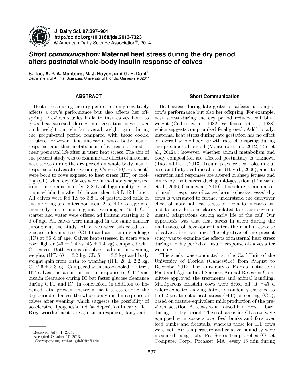 Short communication: Maternal heat stress during the dry period alters postnatal whole-body insulin response of calves