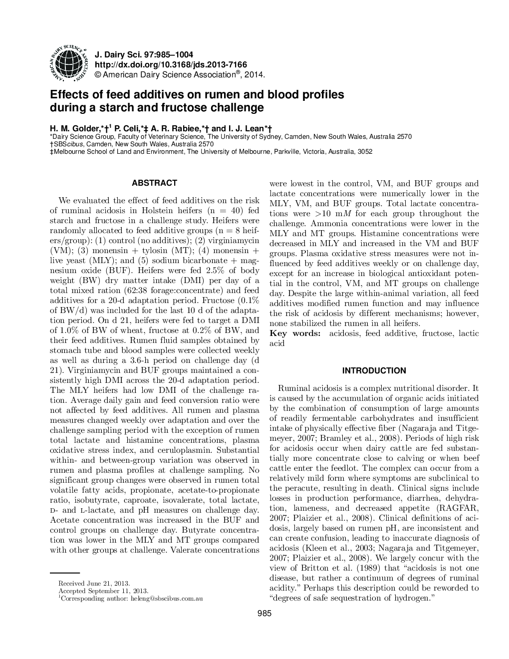 Effects of feed additives on rumen and blood profiles during a starch and fructose challenge