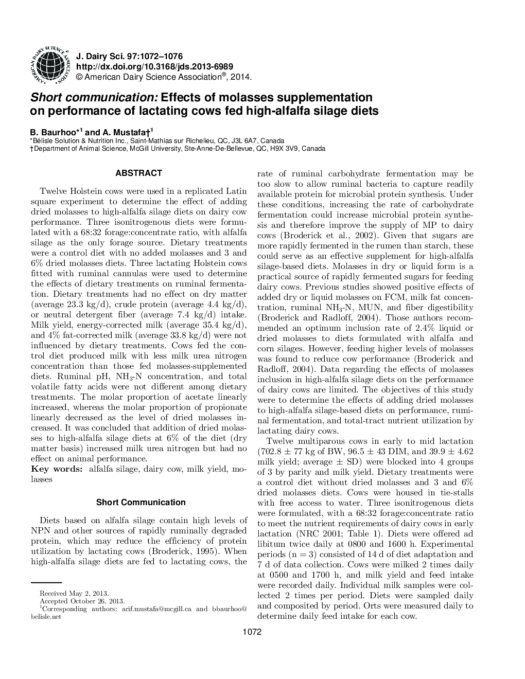 Short communication: Effects of molasses supplementation on performance of lactating cows fed high-alfalfa silage diets