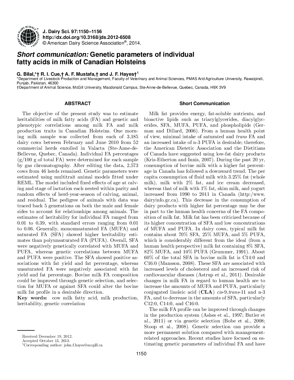 Short communication: Genetic parameters of individual fatty acids in milk of Canadian Holsteins