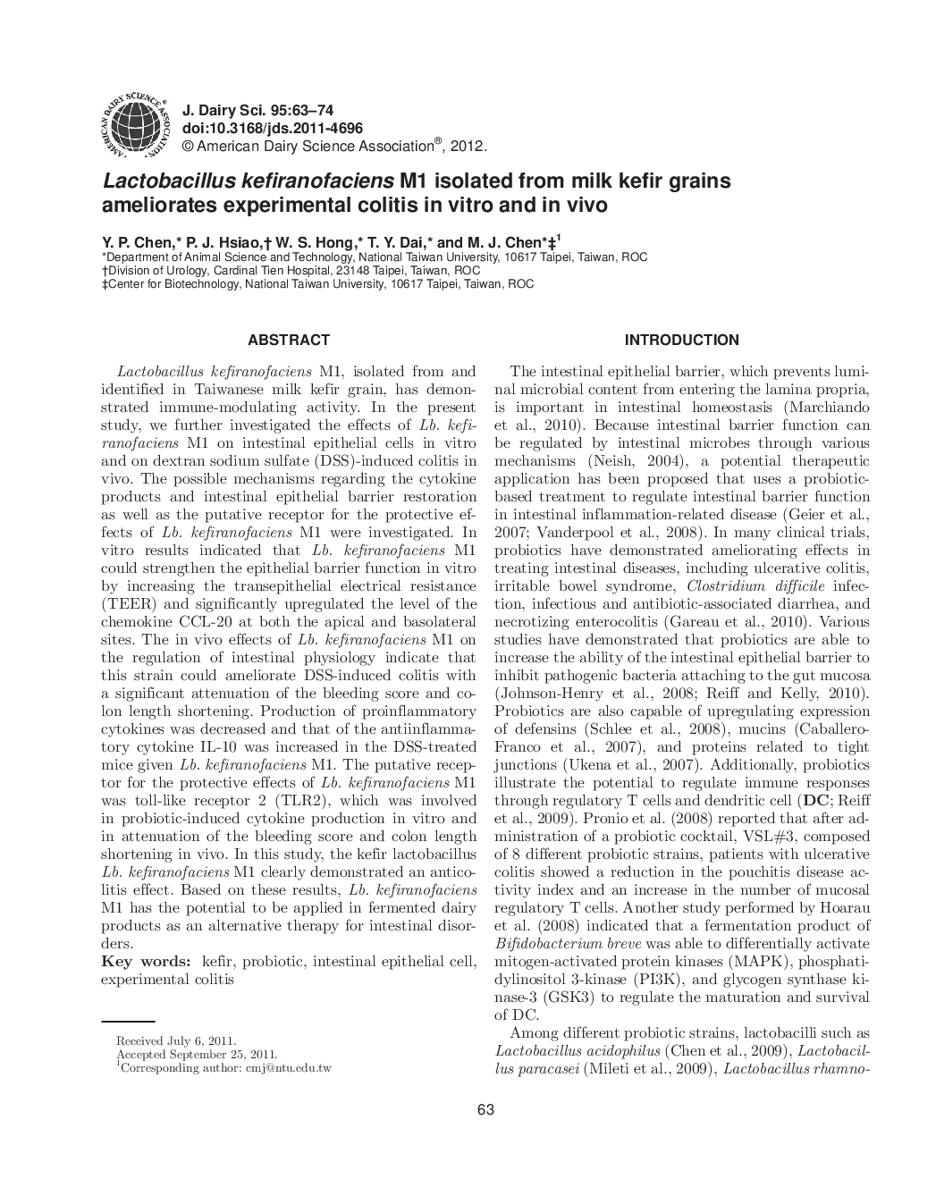 Lactobacillus kefiranofaciens M1 isolated from milk kefir grains ameliorates experimental colitis in vitro and in vivo