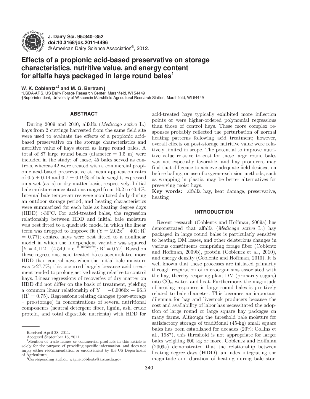 Effects of a propionic acid-based preservative on storage characteristics, nutritive value, and energy content for alfalfa hays packaged in large round bales1