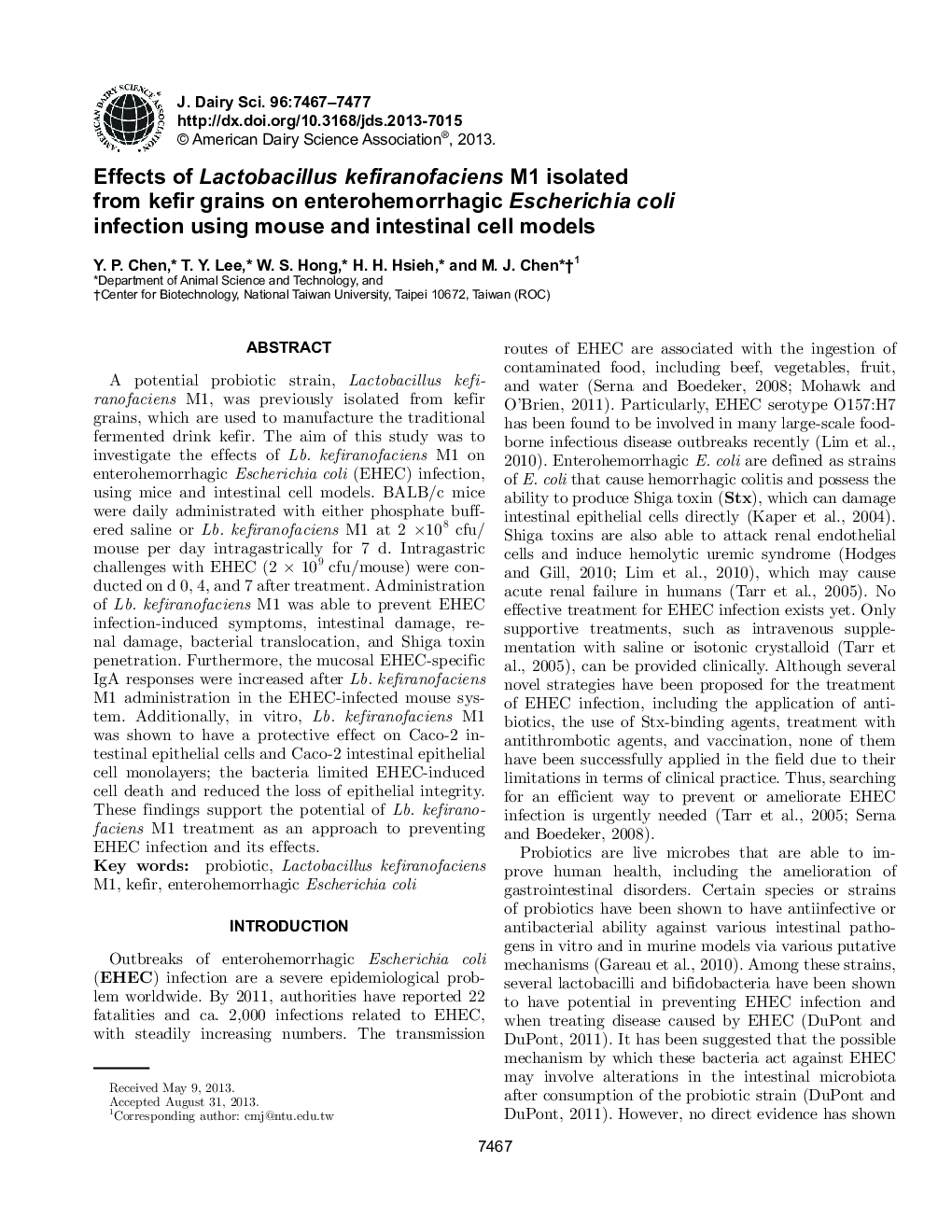 Effects of Lactobacillus kefiranofaciens M1 isolated from kefir grains on enterohemorrhagic Escherichia coli infection using mouse and intestinal cell models