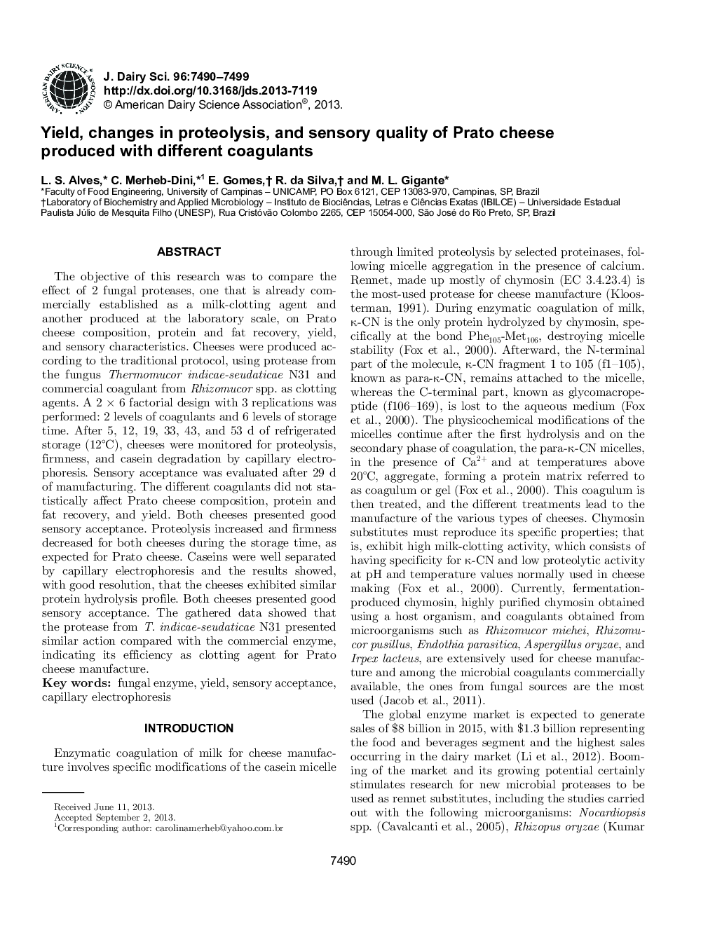 Yield, changes in proteolysis, and sensory quality of Prato cheese produced with different coagulants