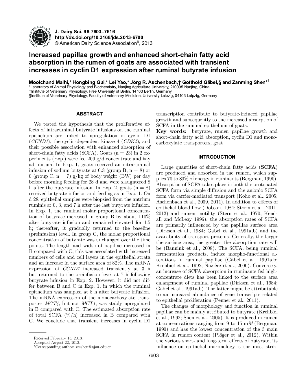 Increased papillae growth and enhanced short-chain fatty acid absorption in the rumen of goats are associated with transient increases in cyclin D1 expression after ruminal butyrate infusion