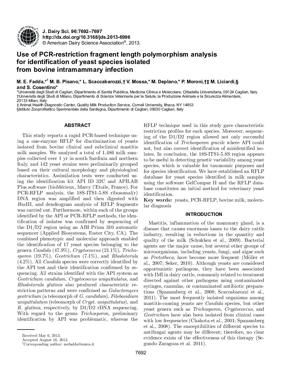 Use of PCR-restriction fragment length polymorphism analysis for identification of yeast species isolated from bovine intramammary infection