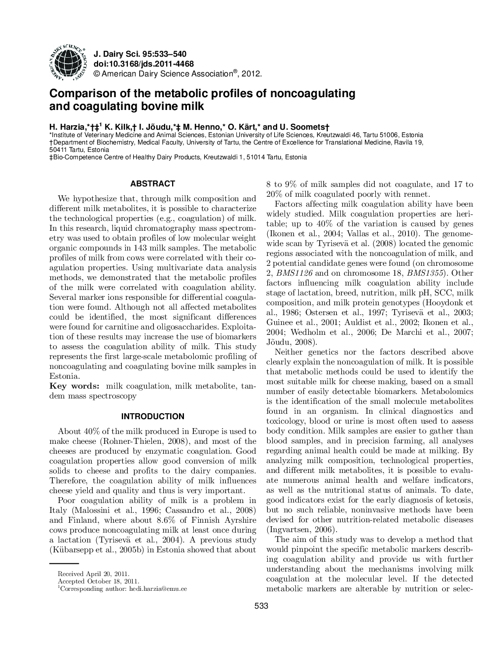 Comparison of the metabolic profiles of noncoagulating and coagulating bovine milk