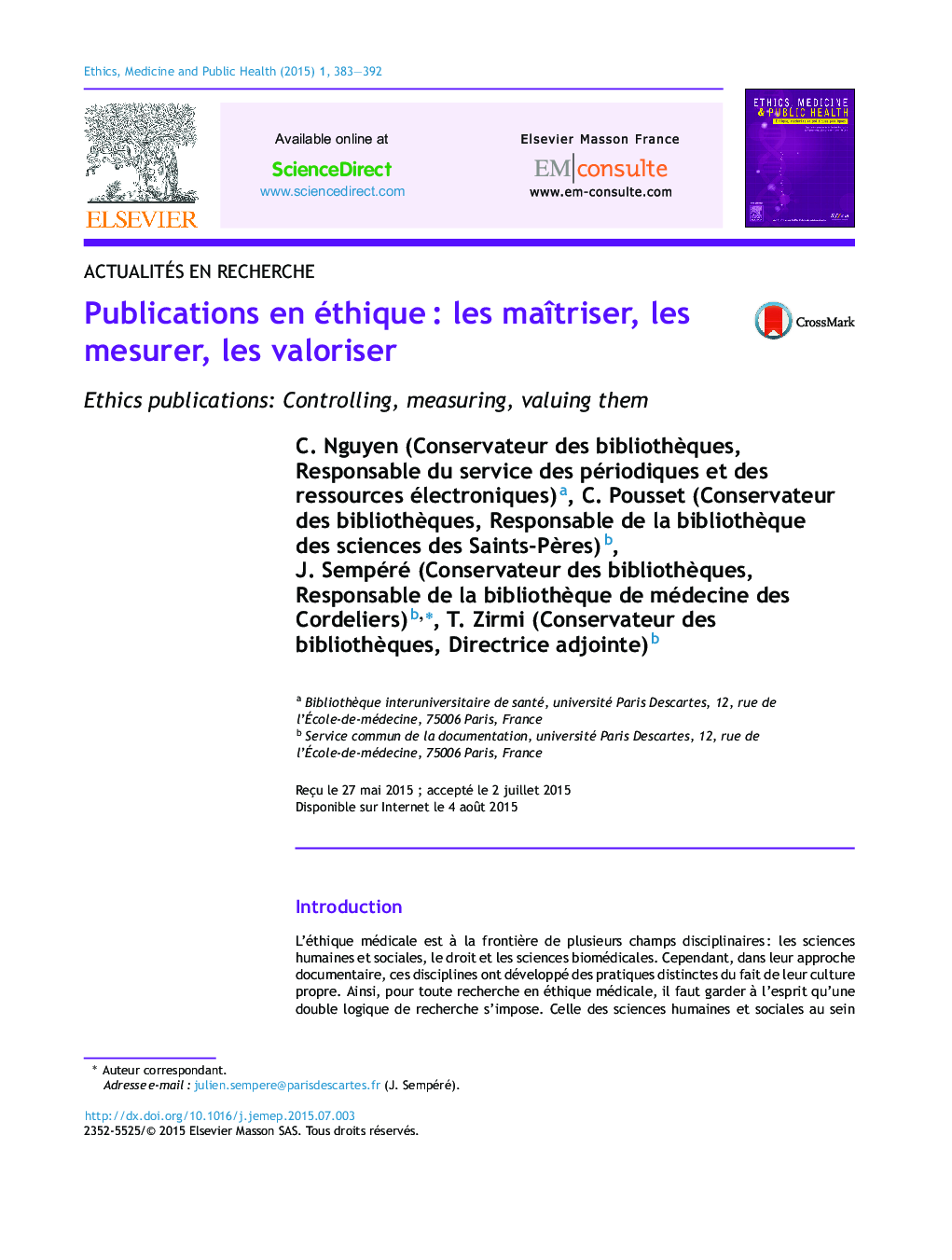 Publications en éthiqueÂ : les maÃ®triser, les mesurer, les valoriser