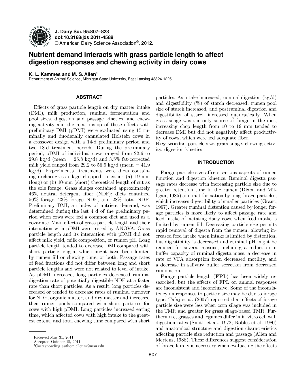 Nutrient demand interacts with grass particle length to affect digestion responses and chewing activity in dairy cows