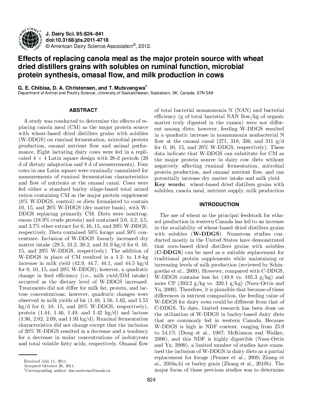 Effects of replacing canola meal as the major protein source with wheat dried distillers grains with solubles on ruminal function, microbial protein synthesis, omasal flow, and milk production in cows