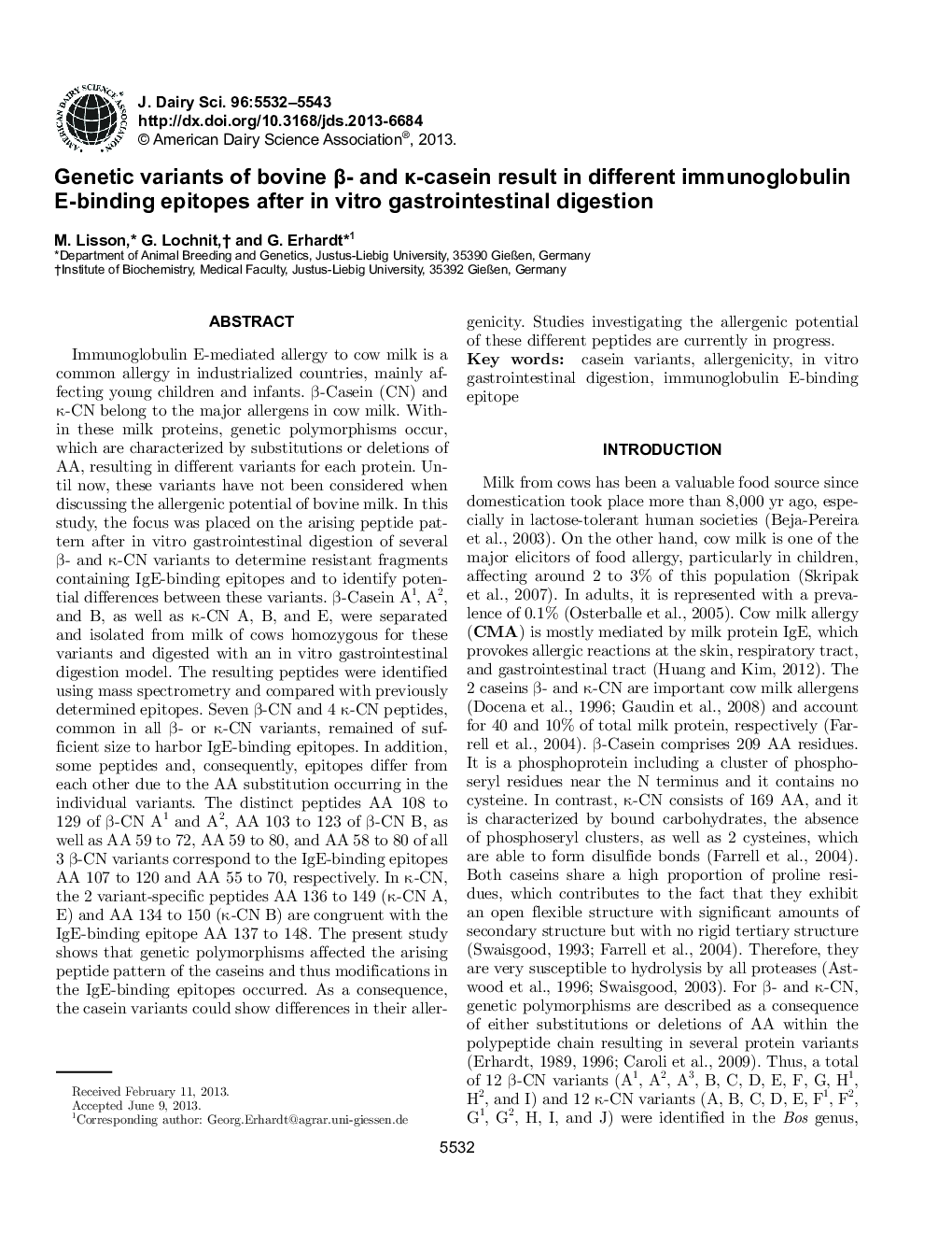 Genetic variants of bovine Î²- and Îº-casein result in different immunoglobulin E-binding epitopes after in vitro gastrointestinal digestion