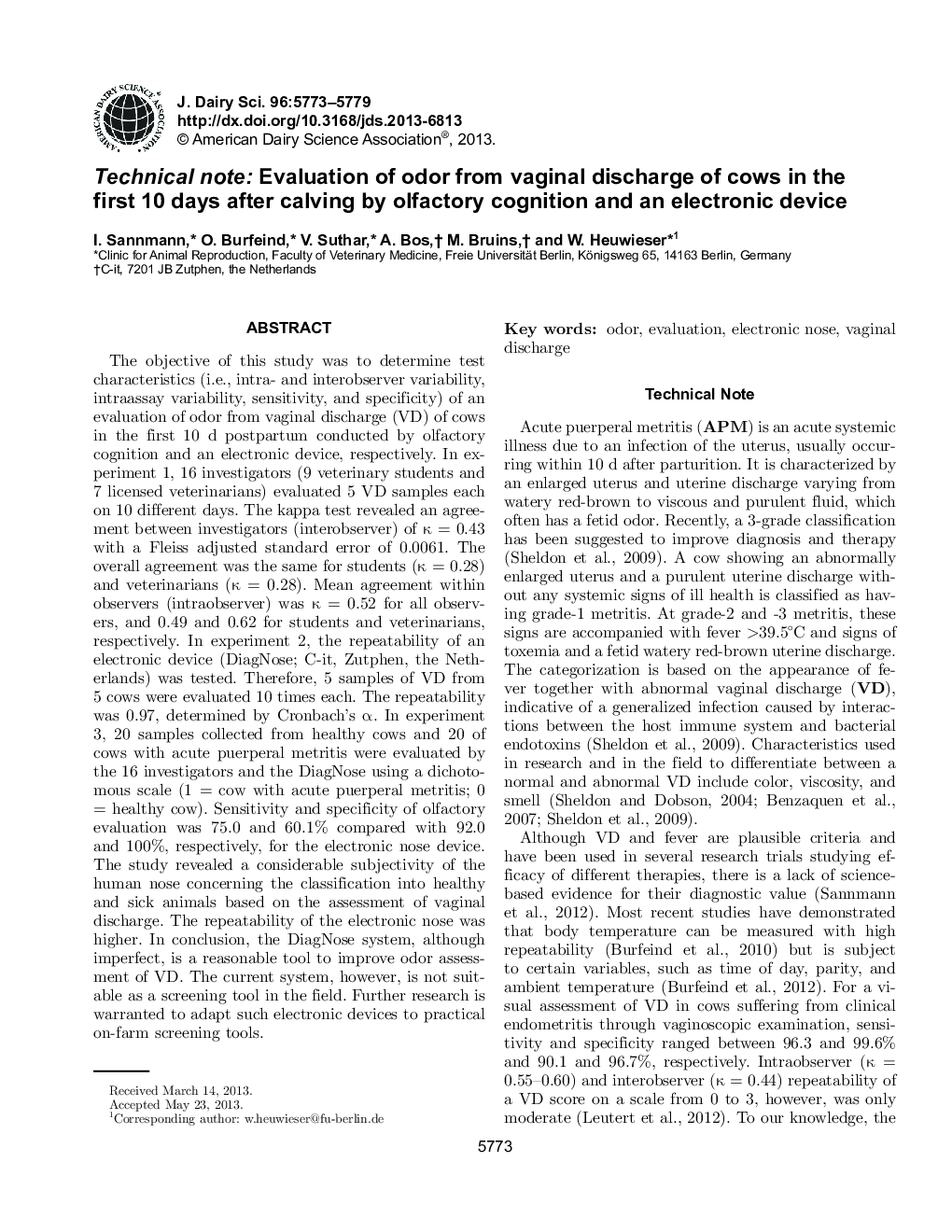 Technical note: Evaluation of odor from vaginal discharge of cows in the first 10 days after calving by olfactory cognition and an electronic device