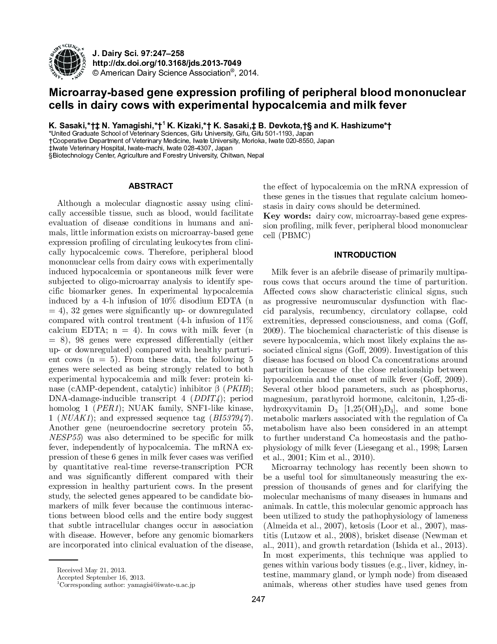 Microarray-based gene expression profiling of peripheral blood mononuclear cells in dairy cows with experimental hypocalcemia and milk fever