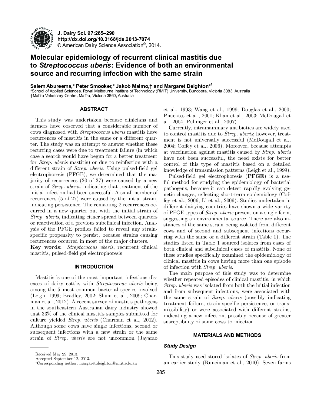 Molecular epidemiology of recurrent clinical mastitis due to Streptococcus uberis: Evidence of both an environmental source and recurring infection with the same strain