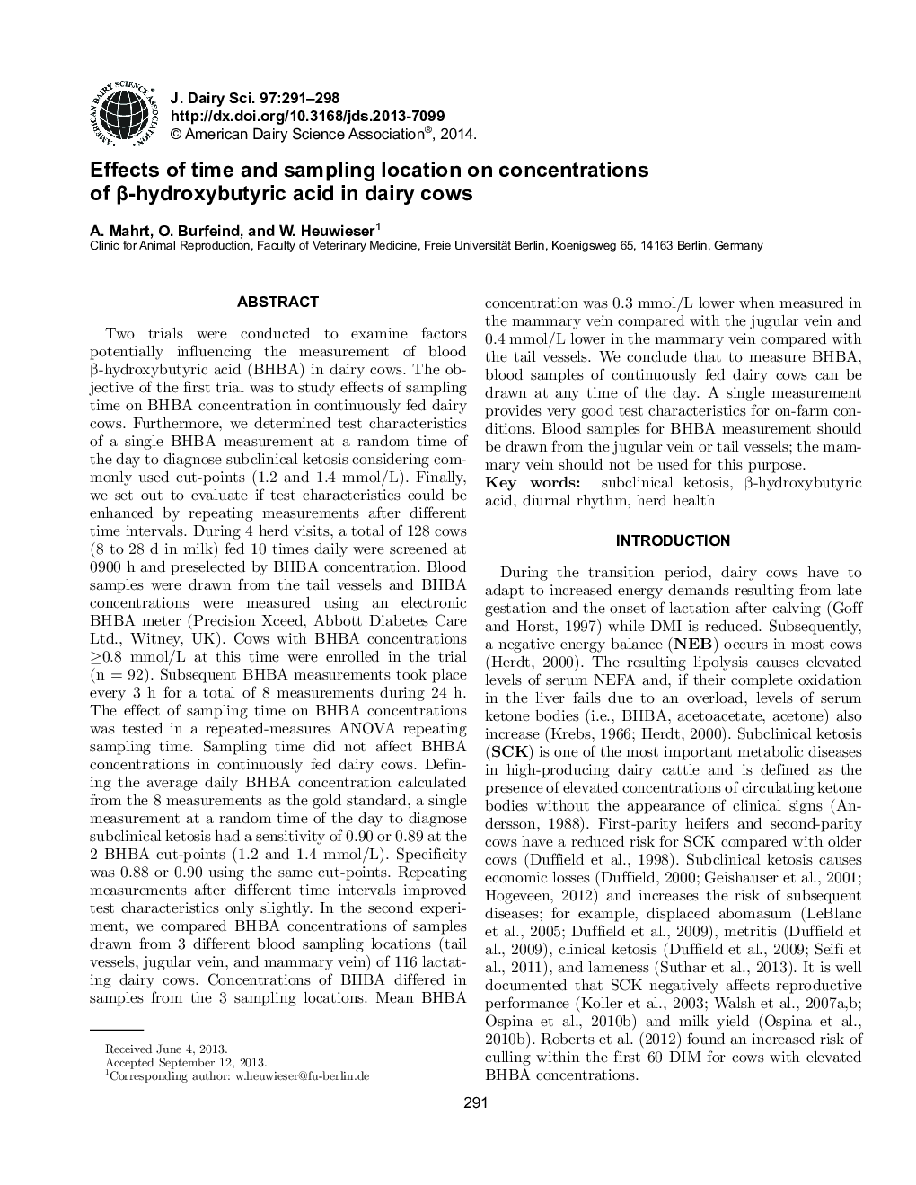 Effects of time and sampling location on concentrations of Î²-hydroxybutyric acid in dairy cows