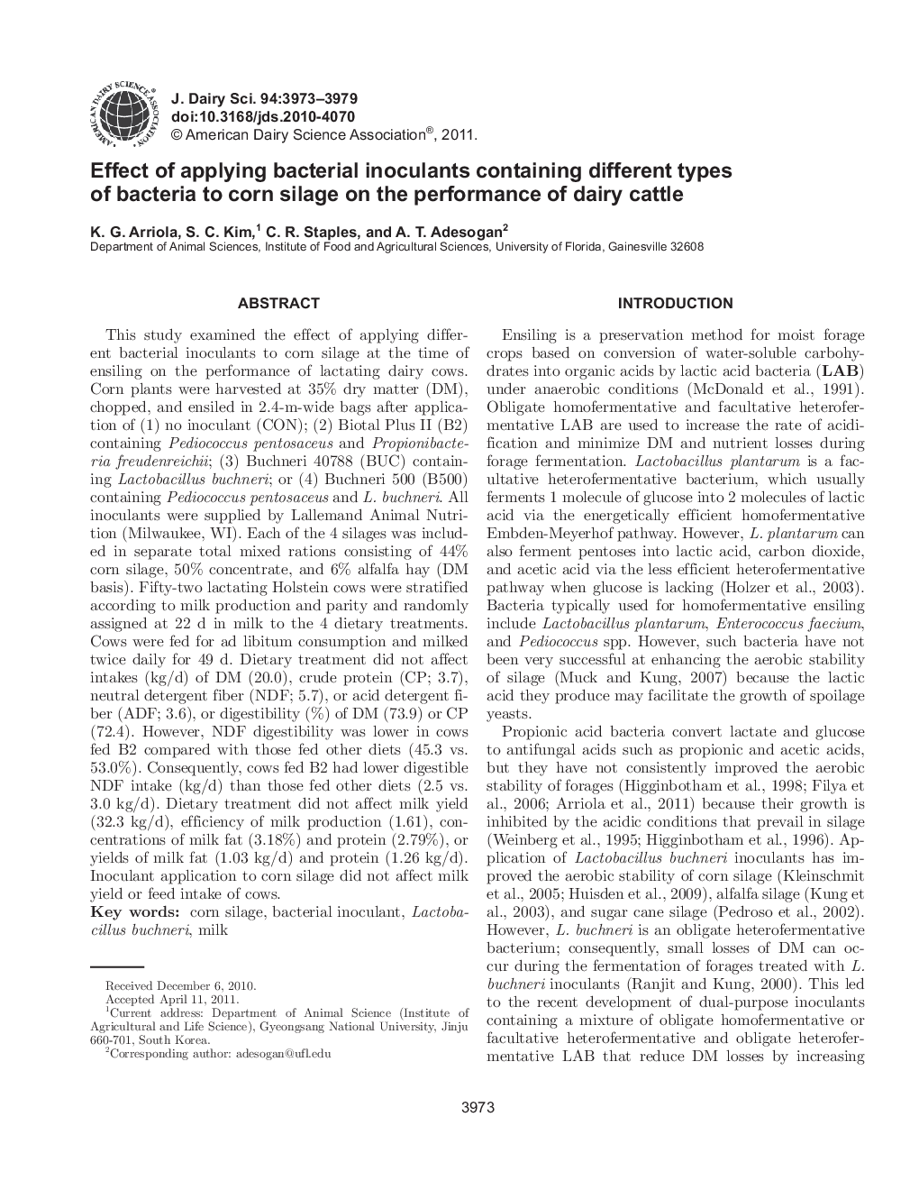 Effect of applying bacterial inoculants containing different types of bacteria to corn silage on the performance of dairy cattle