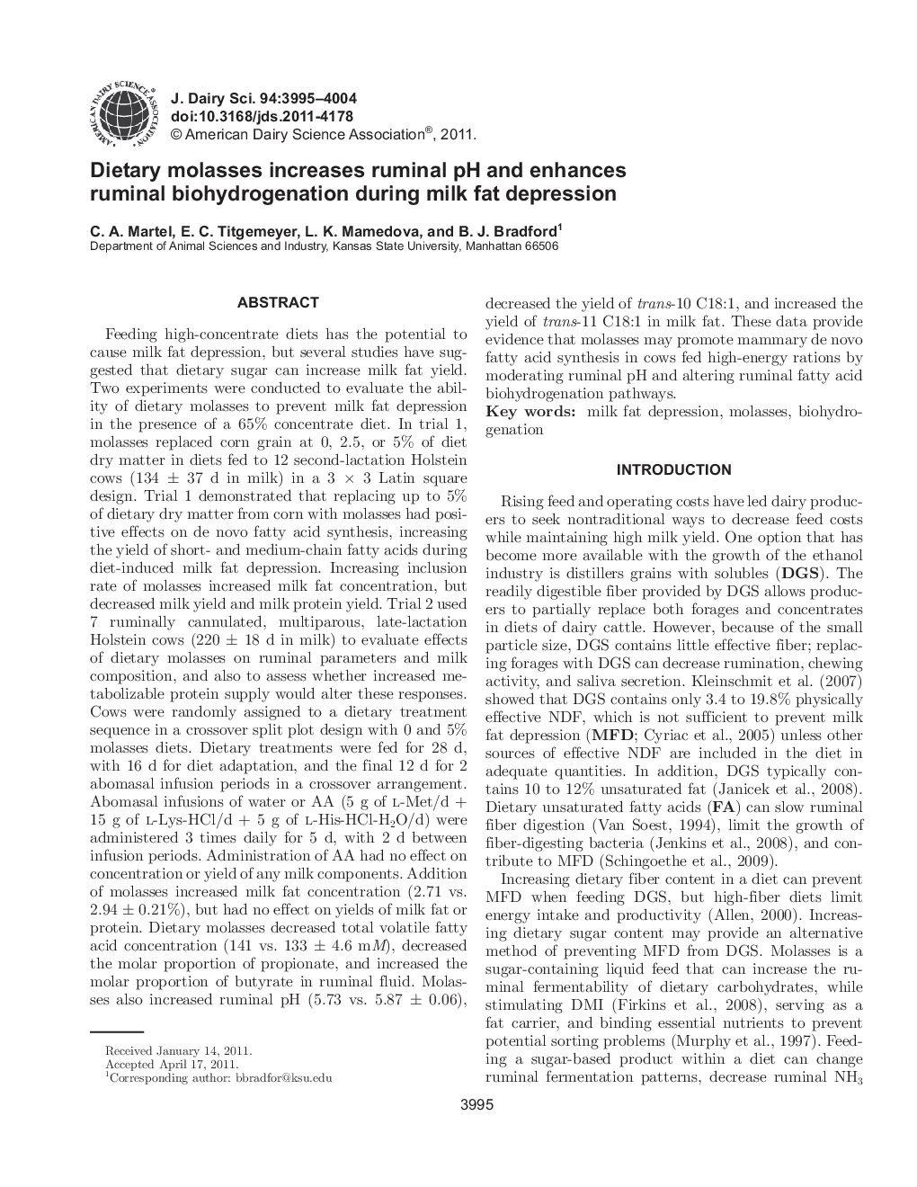 Dietary molasses increases ruminal pH and enhances ruminal biohydrogenation during milk fat depression