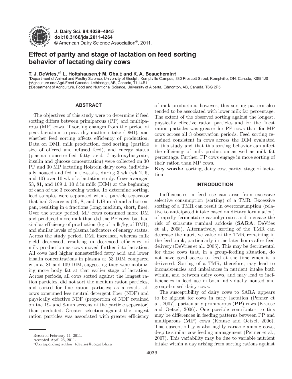 Effect of parity and stage of lactation on feed sorting behavior of lactating dairy cows