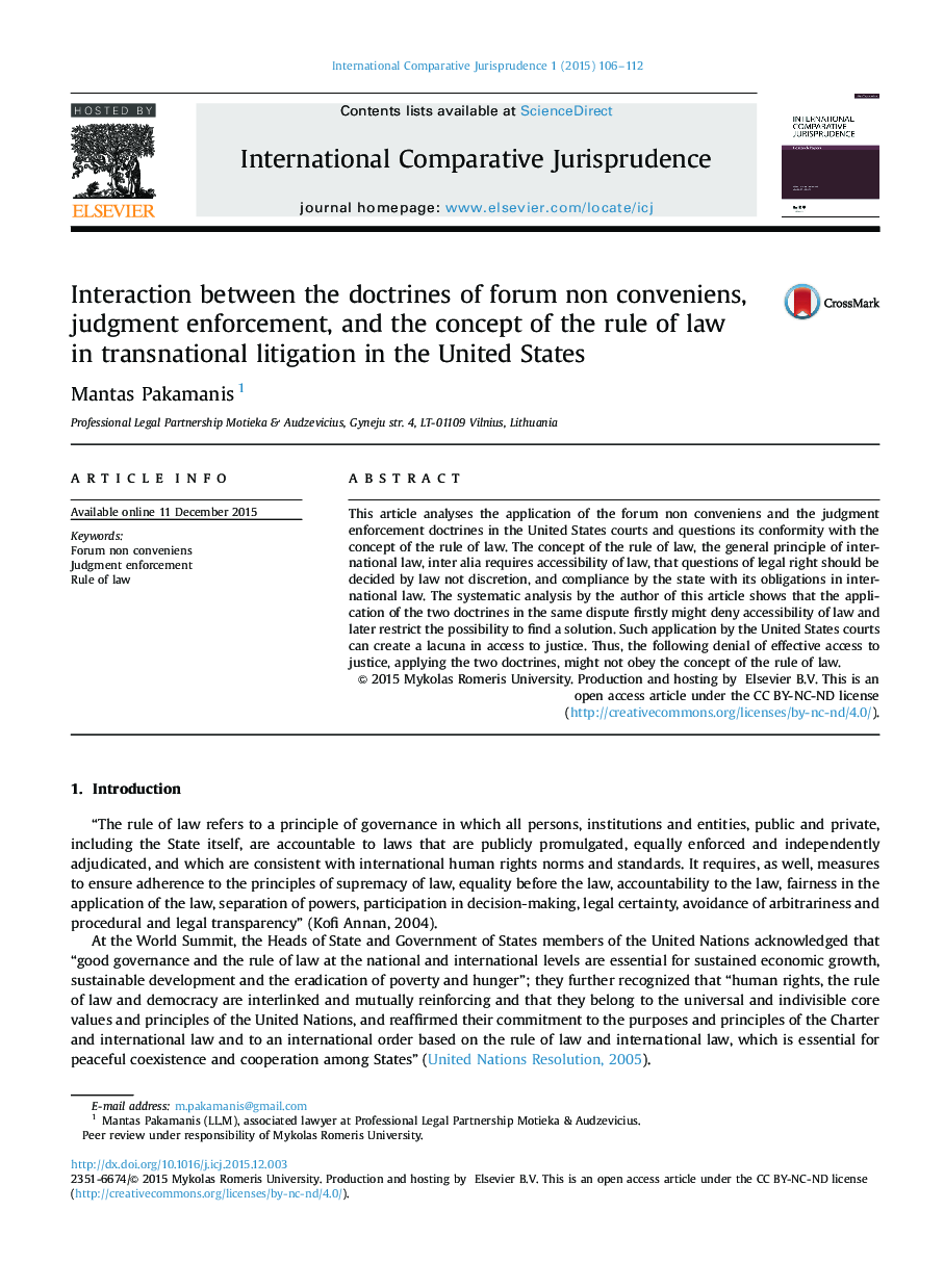 Interaction between the doctrines of forum non conveniens, judgment enforcement, and the concept of the rule of law in transnational litigation in the United States 