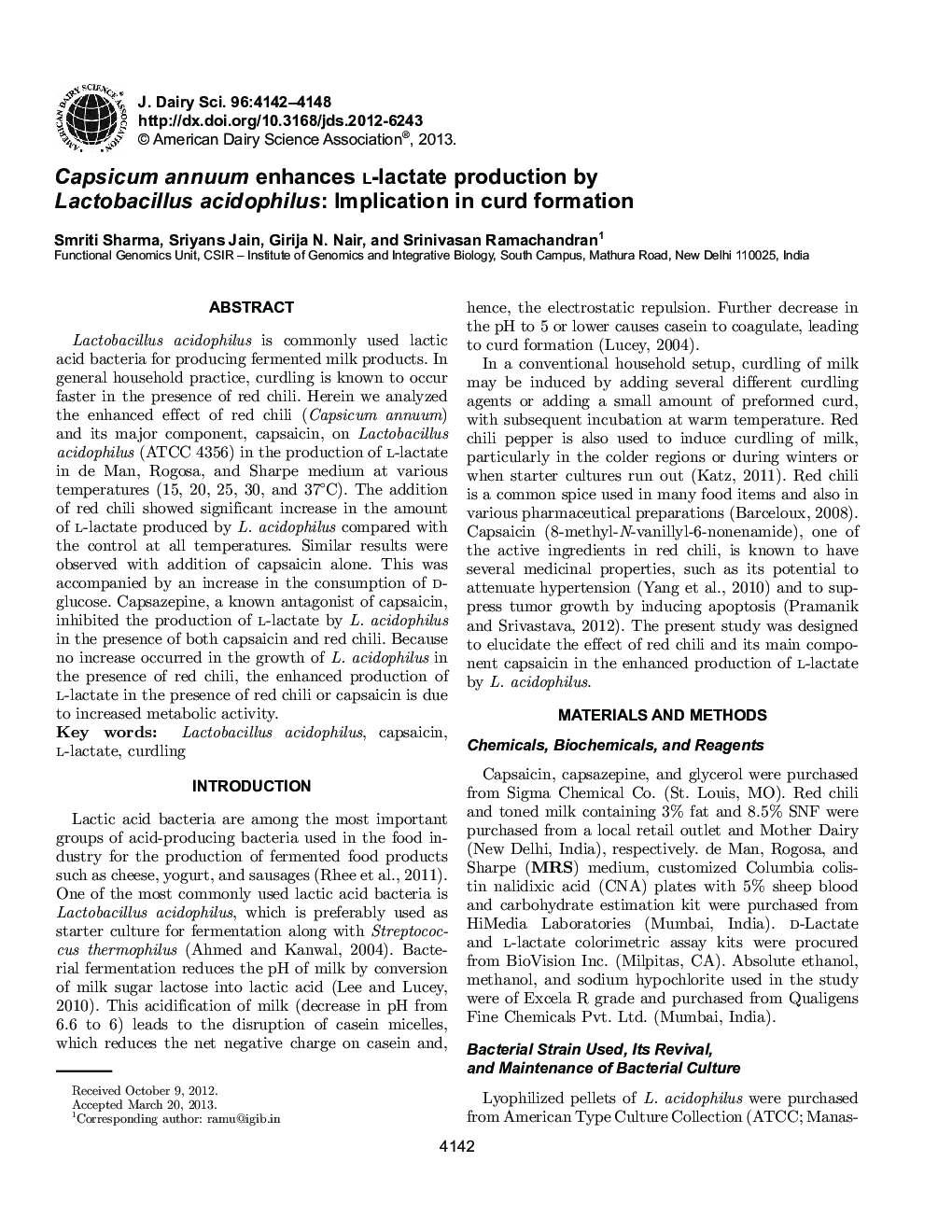 Capsicum annuum enhances l-lactate production by Lactobacillus acidophilus: Implication in curd formation
