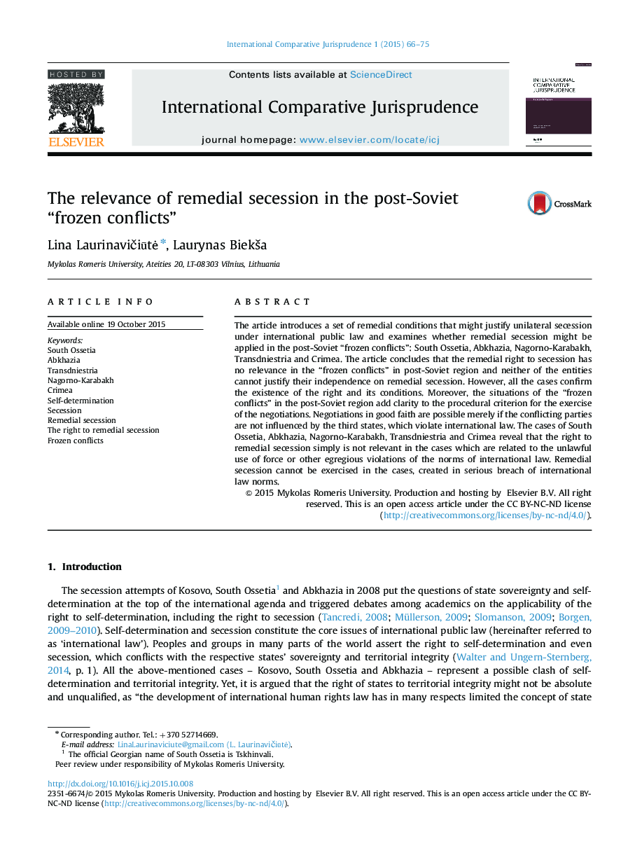 The relevance of remedial secession in the post-Soviet “frozen conflicts” 