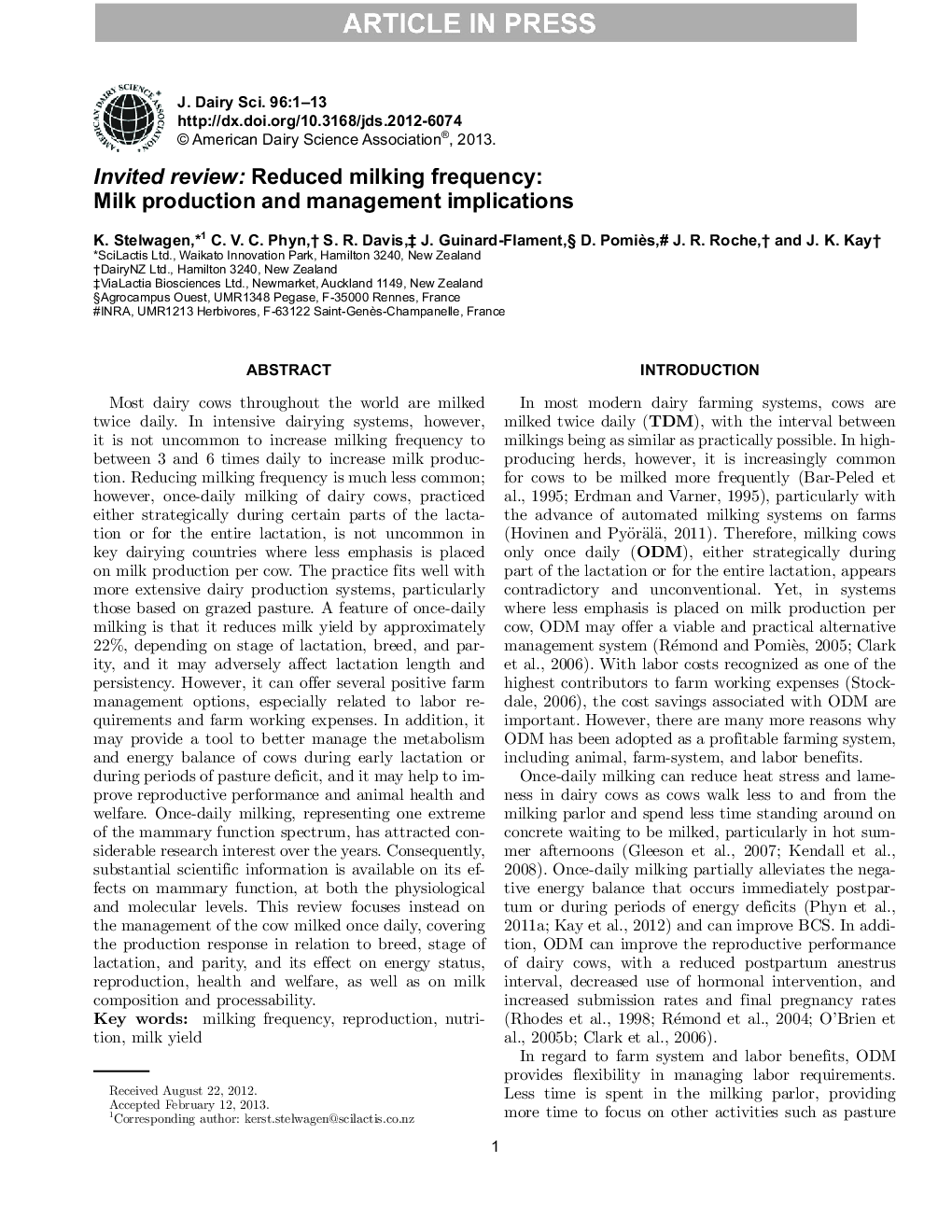 Invited review: Reduced milking frequency: Milk production and management implications