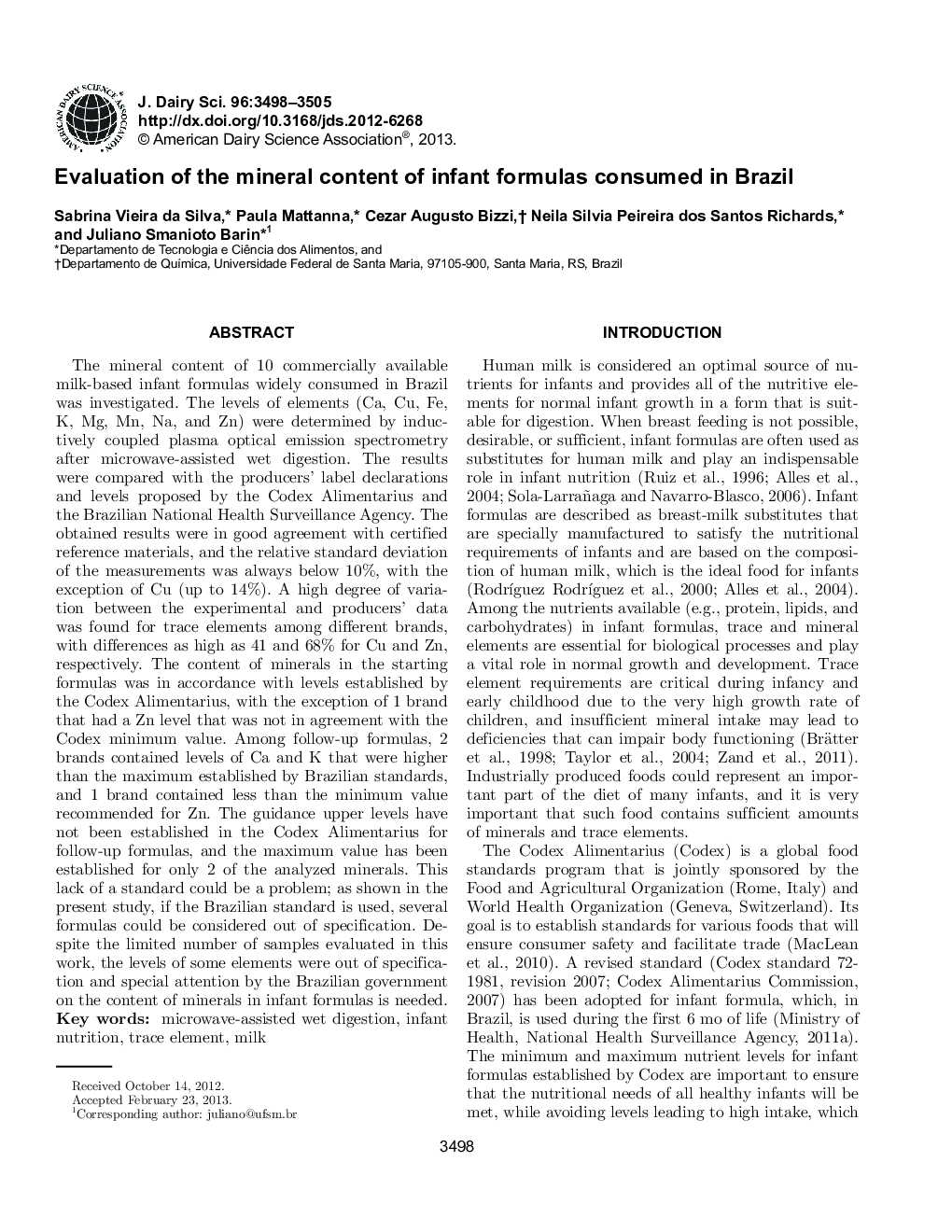 ارزیابی محتوای مواد معدنی موجود در فرمولهای نوزاد در برزیل 