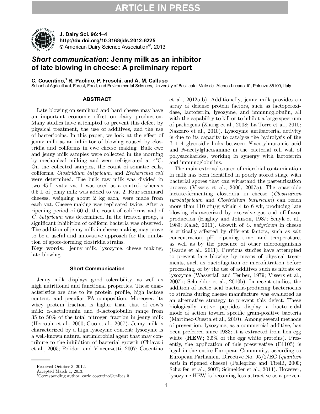 Short communication: Jenny milk as an inhibitor of late blowing in cheese: A preliminary report