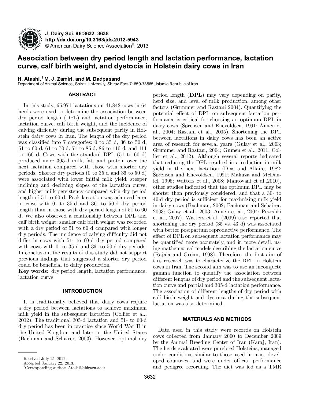 Association between dry period length and lactation performance, lactation curve, calf birth weight, and dystocia in Holstein dairy cows in Iran