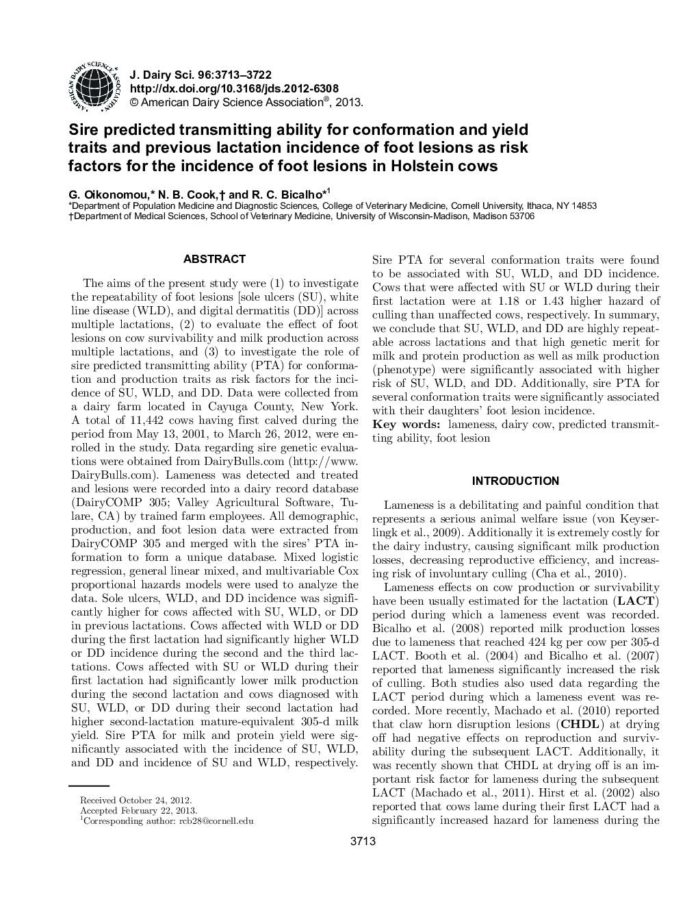 Sire predicted transmitting ability for conformation and yield traits and previous lactation incidence of foot lesions as risk factors for the incidence of foot lesions in Holstein cows