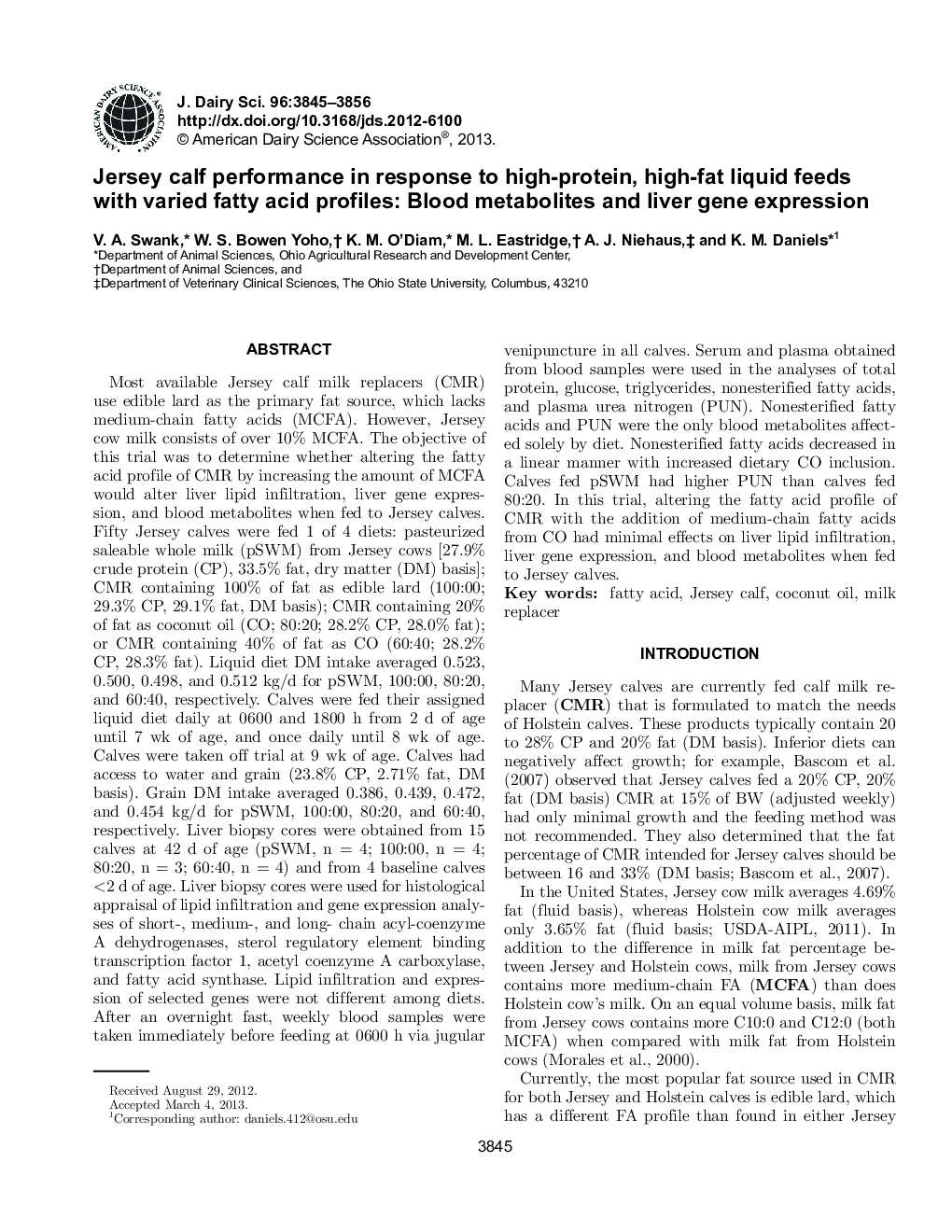 Jersey calf performance in response to high-protein, high-fat liquid feeds with varied fatty acid profiles: Blood metabolites and liver gene expression