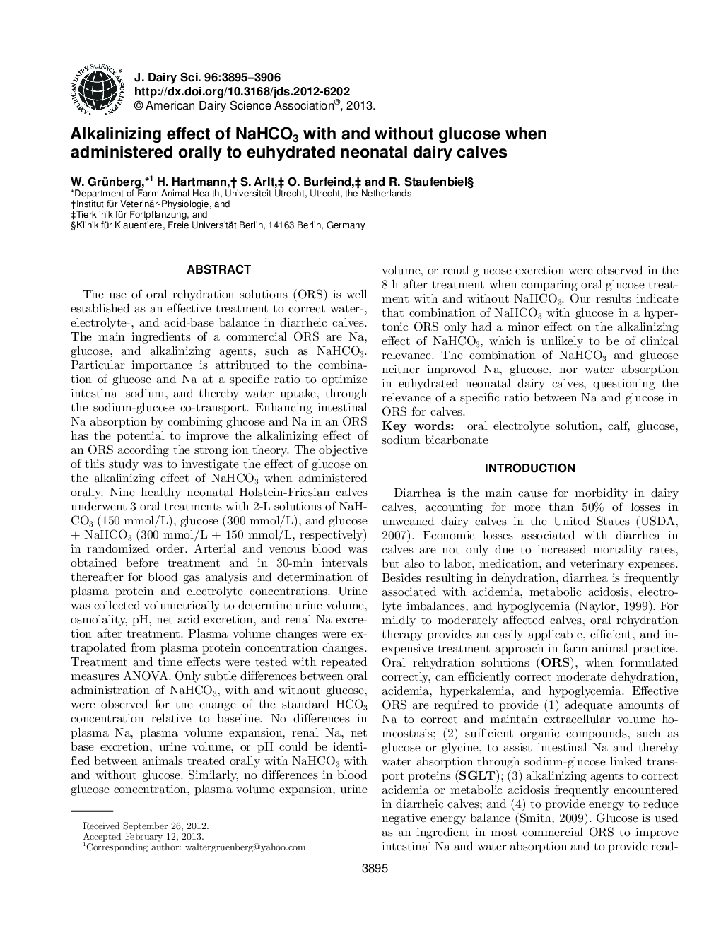 Alkalinizing effect of NaHCO3 with and without glucose when administered orally to euhydrated neonatal dairy calves