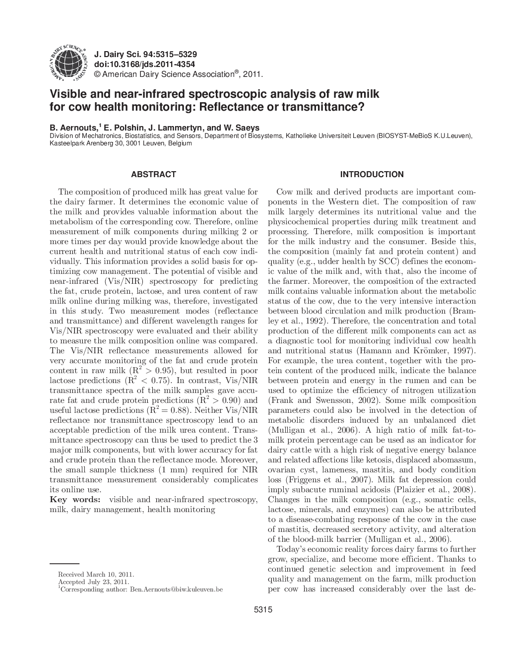 Visible and near-infrared spectroscopic analysis of raw milk for cow health monitoring: Reflectance or transmittance?