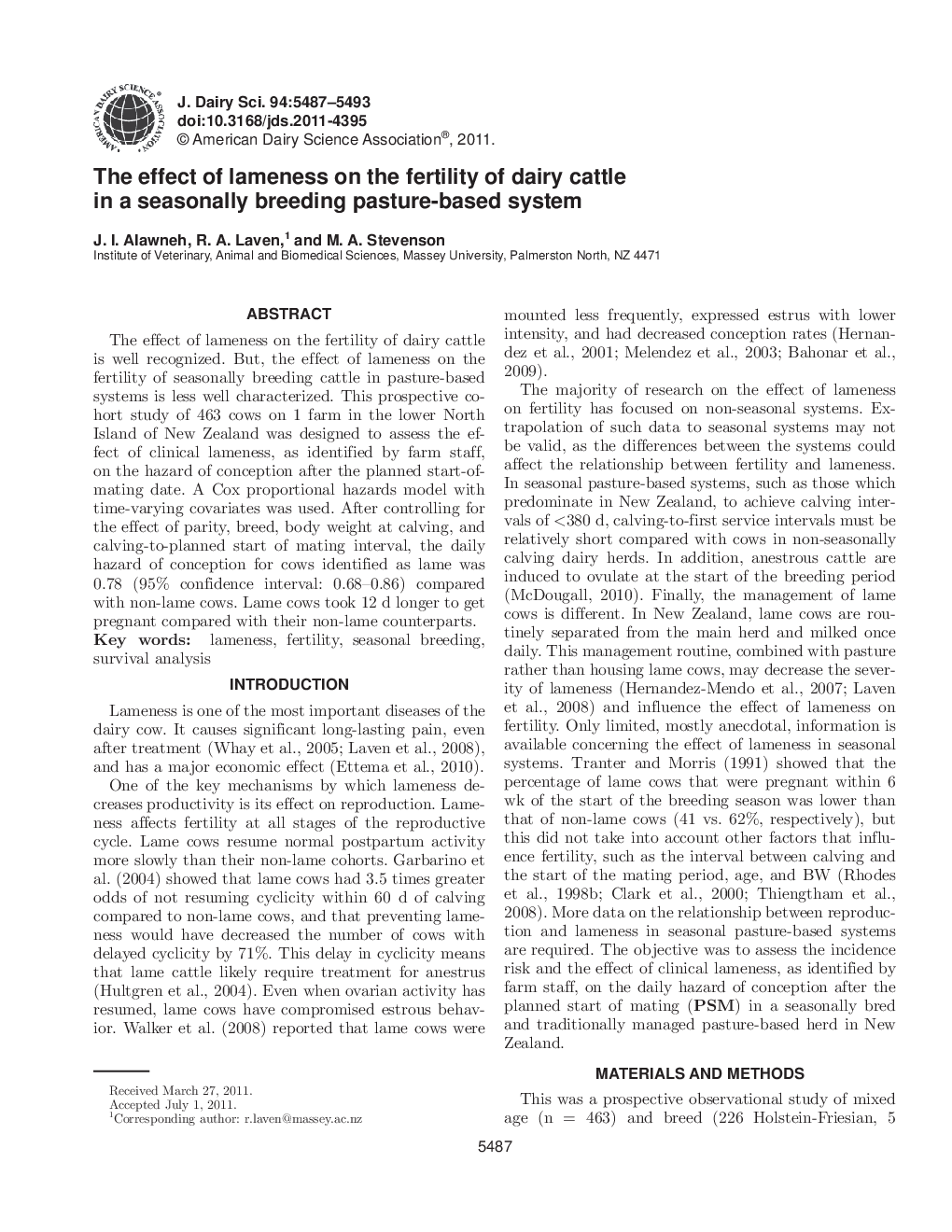 The effect of lameness on the fertility of dairy cattle in a seasonally breeding pasture-based system