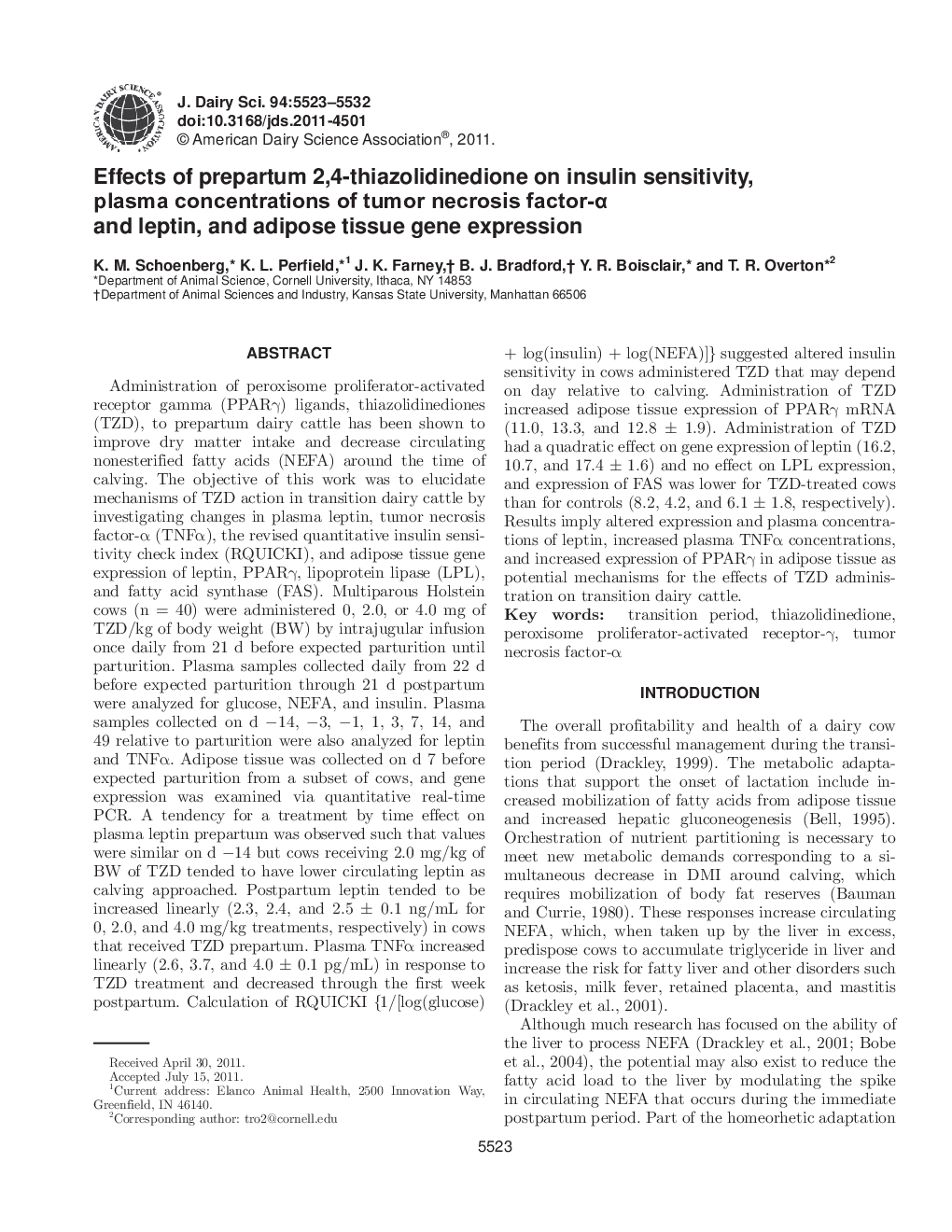 Effects of prepartum 2,4-thiazolidinedione on insulin sensitivity, plasma concentrations of tumor necrosis factor-Î± and leptin, and adipose tissue gene expression