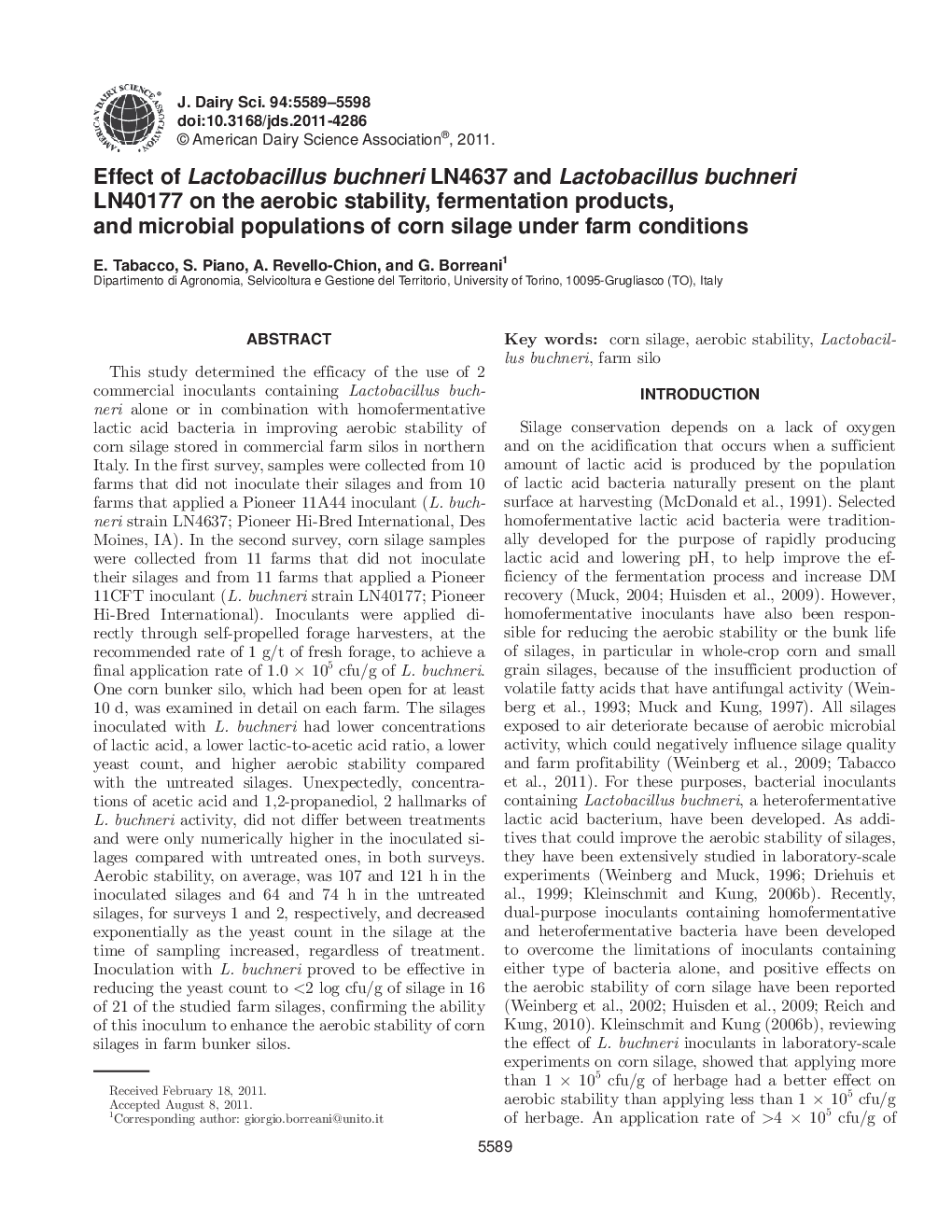 Effect of Lactobacillus buchneri LN4637 and Lactobacillus buchneri LN40177 on the aerobic stability, fermentation products, and microbial populations of corn silage under farm conditions