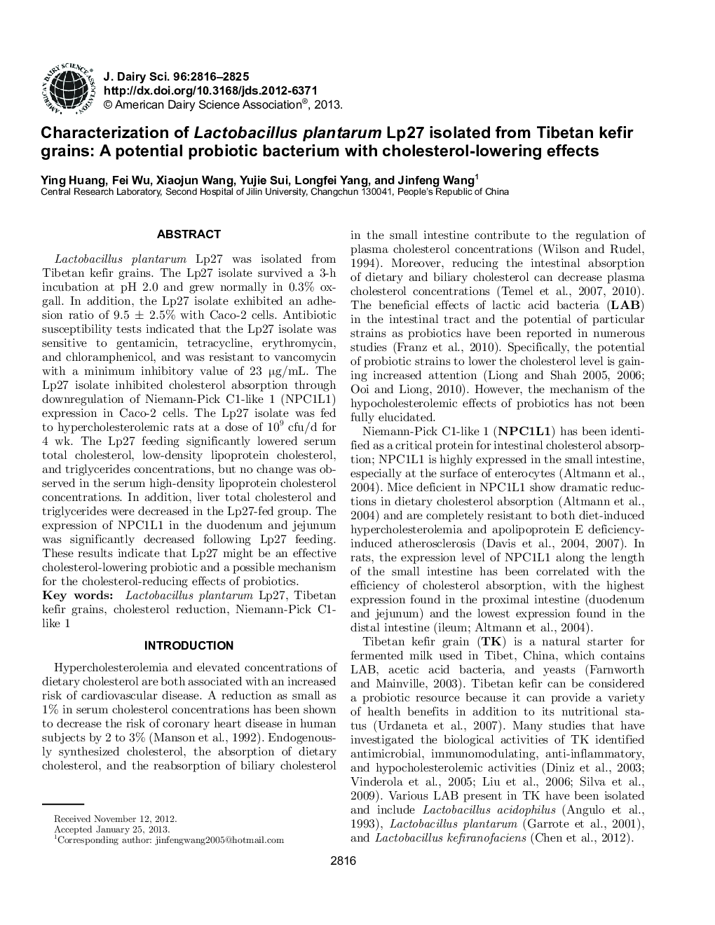 Characterization of Lactobacillus plantarum Lp27 isolated from Tibetan kefir grains: A potential probiotic bacterium with cholesterol-lowering effects