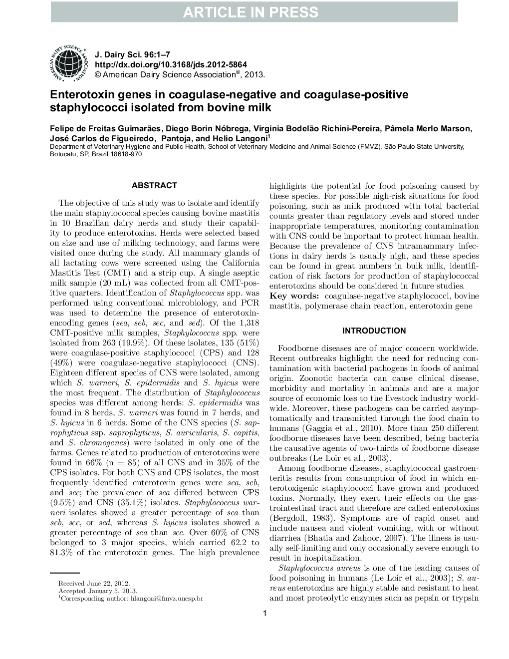 ژن انتروتوکسین در استافیلوکوک های مثبت کوآگولاز منفی و کوآگولاز جدا شده از شیر گاو 