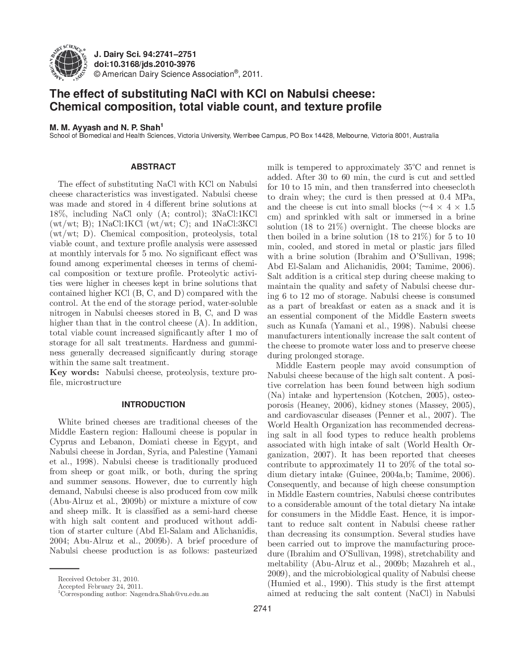 The effect of substituting NaCl with KCl on Nabulsi cheese: Chemical composition, total viable count, and texture profile