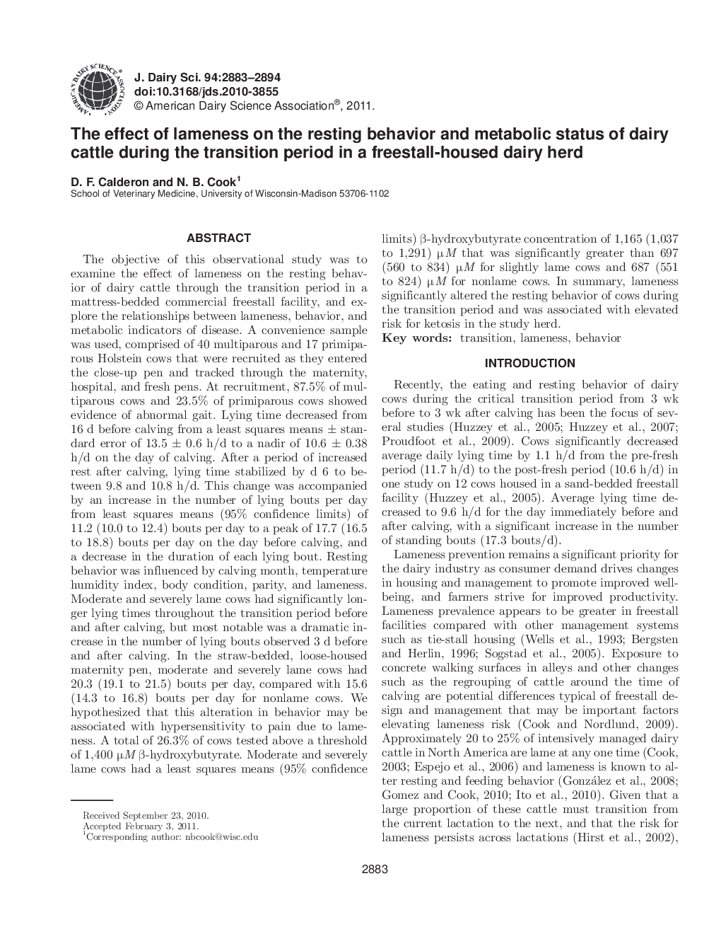 عکس صفحه اول مقاله: The effect of lameness on the resting behavior and metabolic status of dairy cattle during the transition period in a freestall-housed dairy herd The effect of lameness on the resting behavior and metabolic status of dairy cattle during the transition period in a freestall-housed dairy herd